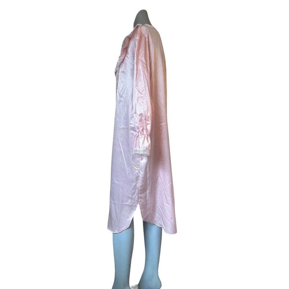 Vtg Jaclyn Smith L Pink Long Sleeve Nightgown Lace Accents Embroidered Modest - Picture 6 of 11